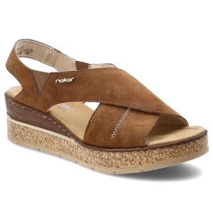 Sandały damskie Rieker, cholewka ze skóry ekologicznej z krzyżującymi się paskami na koturnie, brązowe, 63782-24