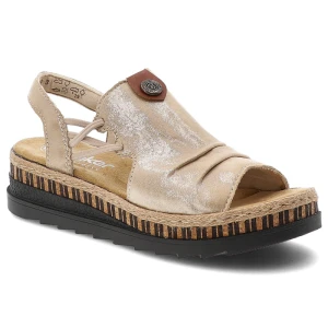 Sandały damskie Rieker, cholewka ze skóry ekologicznej z metalicznym wykończeniem wsuwany fason z elastycznymi wstawkami, beżowe, V7972-60