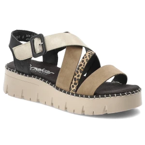 Sandały damskie Rieker, cholewka ze skóry ekologicznej z ozdobnymi paskami i motywem zwierzęcym regulowane zapięcie na sprzączkę, multi, V1063-90