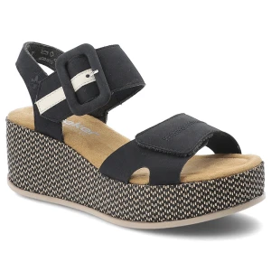 Sandały damskie Rieker, cholewka ze skóry ekologicznej zapiane na rzep fason na koturnie, granatowe, 69450-14