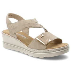 Sandały damskie Rieker, cholewka ze skóry ekologicznej zapinane na rzep fason na koturnie, beżowe, 67410-62