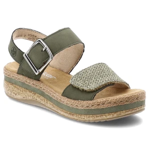 Sandały damskie Rieker, cholewka ze skóry naturalnej i materiału tekstylnego szeroki pasek z przodu, zielone, V0951-54