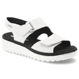 Sandały damskie Rieker, cholewka ze skóry naturalnej z materiałowym wnętrzem zapinane na rzep, białe, V1382-80