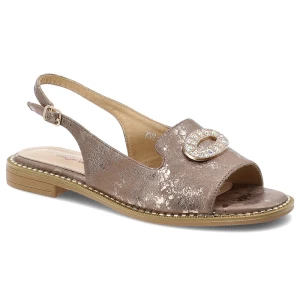 Sandały damskie S.Barski, cholewka ze skóry ekologicznej na płaskiej podeszwie z elegancką broszką, szare, KV61-6040