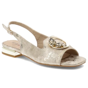 Sandały damskie S.Barski, cholewka ze skóry ekologicznej z metalicznym efektem ozdobna aplikacja z kamieniami i odkryty przód, złote, KV61-6024