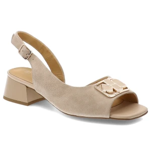 Sandały damskie S.Barski, cholewka ze skóry naturalnej z odkrytymi palcami na stabilnym obcasie z regulowanym paskiem i geometryczną ozdobą, beżowe,