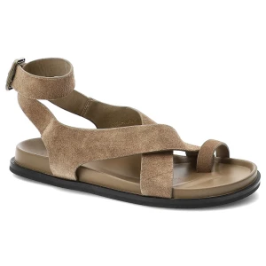 Sandały damskie S.Barski, cholewka ze skóry naturalnej zamszowej pasek wokół kostki płaska podeszwa casualowy styl, beżowe, CR61-3049