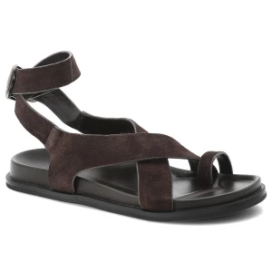 Sandały damskie S.Barski, cholewka ze skóry naturalnej zamszowej pasek wokół kostki płaska podeszwa casualowy styl, brązowe, CR61-3049