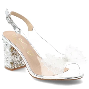 Sandały damskie S.Barski, transparentny pasek ozdobna kokarda regulowany pasek stabilny obcas elegancki fason, srebrne, MR61-9010