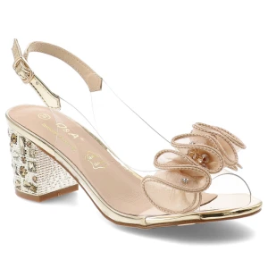 Sandały damskie S.Barski, zdobiony obcas elegancki model z profilowaną wkładką, złote, MR61-9012