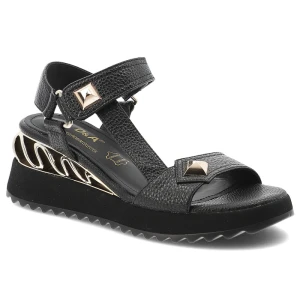 Sandały damskie S.Barski, ze skóry naturalnej na grubej platformie z ozdobnymi złotymi detalami, czarne, CR61-3070