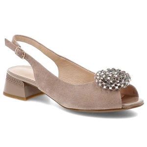 Sandały damskie S.Barski, ze skóry naturalnej z efektowną biżuteryjną ozdobą i stabilnym obcasem, beżowe, CR61-3030