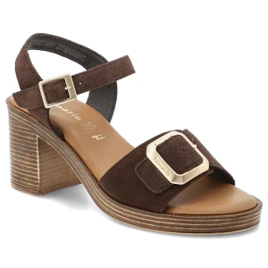 Sandały damskie Tamaris, cholewka ze skóry zamszowej na stabilnym słupku z szerokimi paskami i regulowanym zapięciem przy kostce ozdobione dużą klamr