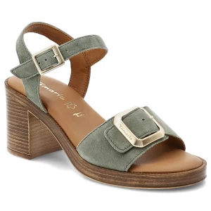 Sandały damskie Tamaris, skóra naturalna zamszowa regulowane paski z klamrami stabilny drewnopodobny obcas wygodna wyprofilowana wkładka, zielone, 1-