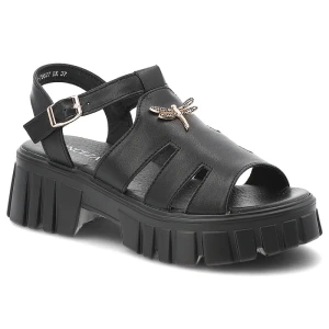 Sandały damskie Vinceza, cholewka ze skóry naturalnej pasek wokół kostki odkryty przód na solidnej podeszwie, czarne, 79627