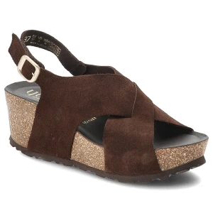 Sandały damskie Yokono, cholewka ze skóry naturalnej zamszowej z szerokimi krzyżującymi się paskami na rzep, brązowe, Bari-263