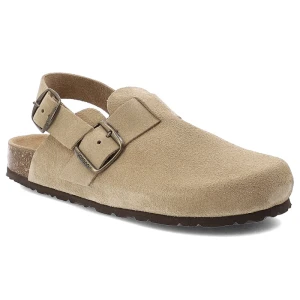 Sandały damskie Yokono, cholewka ze skóry naturalnej zamszowej z zabudowanym przodem paskiem z regulacją na metalową klamrę, beżowe, Zueco-600 Ser Mu