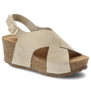 Sandały damskie Yokono, cholewka ze skóry naturalnej zapinane na rzep platforma z korkową podeszwą, beżowe, Bari-263