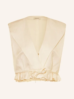 Sandro Krótka Bluzka Bez Rękawów Z Satyny Z Lnem beige