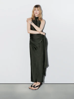 Satin Midi Dress With Bow Detail - Studio - Zielony - - Massimo Dutti - Kobieta