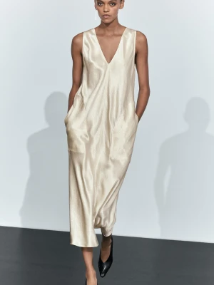 Satynowa Bieliźniana Sukienka Średniej Długości - Surowy - Massimo Dutti - Female