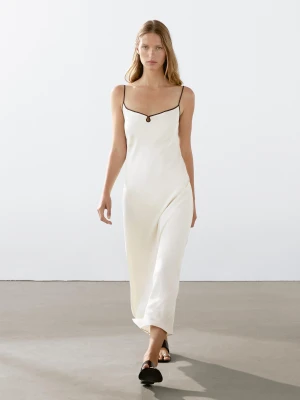 Satynowa Bieliźniana Sukienka Średniej Długości - Szmpan - - Massimo Dutti - Kobieta