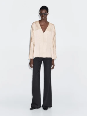 Satynowa Bluzka Z Dekoltem W Serek - Waniliowy - - Massimo Dutti - Kobieta