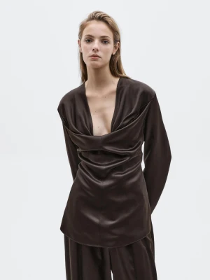 Satynowa Bluzka Z Ozdobnym Dekoltem − Limited - Czekoladowy - - Massimo Dutti - Kobieta