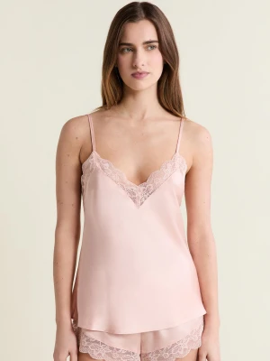 Satynowa koszulka na ramiączkach z detalami koronkowymi Etam