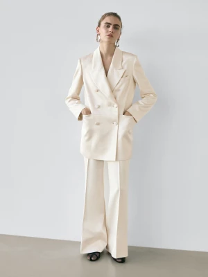Satynowa Marynarka Z Guzikami - Studio - Beżowy - - Massimo Dutti - Kobieta