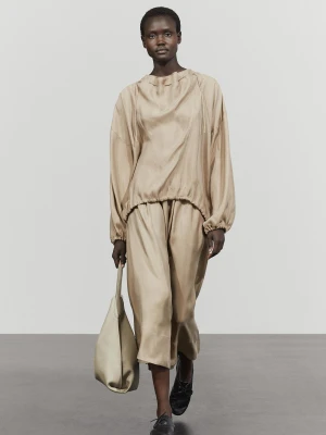 Satynowa Spódnica Midi Z Elastycznym Pasem - Piaskowy - Massimo Dutti - Female