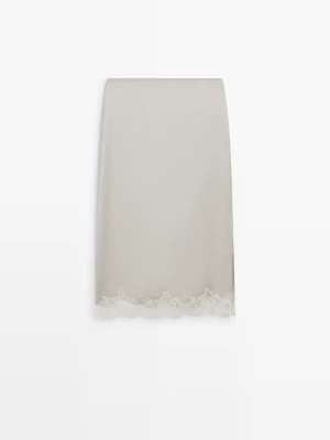 Satynowa Spódnica Midi Z Koronką - Perłowo-Szary - Massimo Dutti - Female