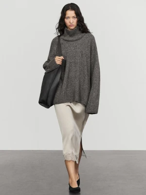 Satynowa Spódnica Midi Z Koronką - Perłowo-Szary - Massimo Dutti - Female