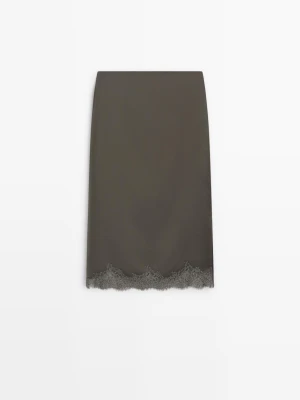 Satynowa Spódnica Midi Z Koronką - Szary - Massimo Dutti - Female