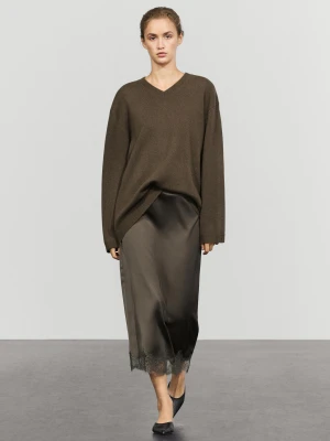 Satynowa Spódnica Midi Z Koronką - Szary - Massimo Dutti - Female