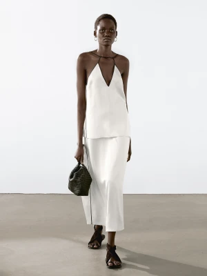 Satynowa Spódnica Średniej Długości Z Lampasami - Surowy - - Massimo Dutti - Kobieta