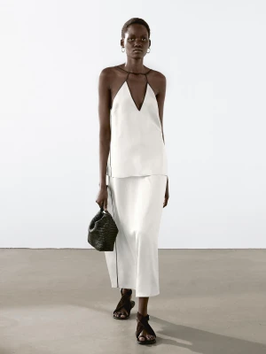 Satynowa Spódnica Średniej Długości Z Lampasami - Surowy - - Massimo Dutti - Kobieta