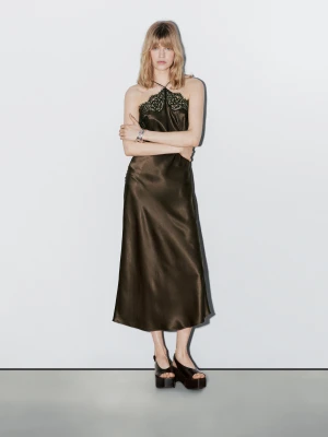 Satynowa Sukienka Bieliźniana − Studio - Brązowy - - Massimo Dutti - Kobieta