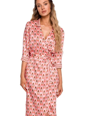 Satynowa sukienka kopertowa z dekoltem V i wiązaniem beżowa Moe