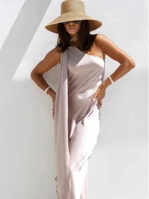Satynowa sukienka maxi na jedno ramię SULTA - beżowa  magmac 