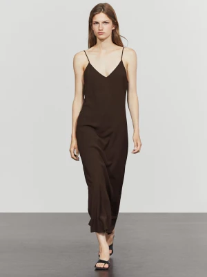 Satynowa Sukienka Midi - Brązowy - Massimo Dutti - Female
