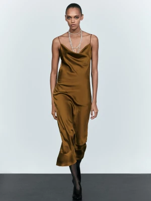 Satynowa Sukienka Midi - Stare Złoto - 40 (L) - Massimo Dutti - Female