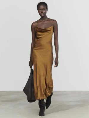 Satynowa Sukienka Midi - Stare Złoto - Massimo Dutti - Female