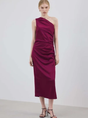 Satynowa sukienka o asymetrycznym kroju z marszczeniem po boku fuksja - Kobieta - - MANGO