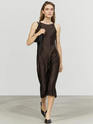 Satynowa Sukienka Średniej Długości - Brązowy - Massimo Dutti - Female