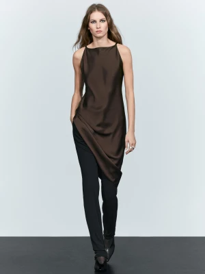 Satynowa Sukienka Średniej Długości - Brązowy - Massimo Dutti - Female
