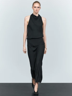 Satynowa Sukienka Średniej Długości Z Dekoltem Halter I Pasem - Czarny - 36 (S) - Massimo Dutti - Female