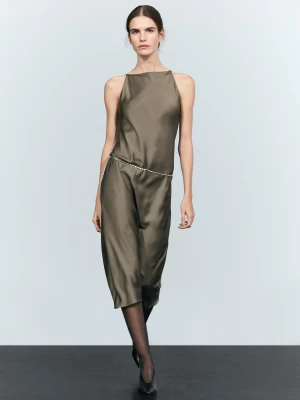 Satynowa Sukienka Średniej Długości - Zielony - Massimo Dutti - Female