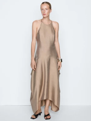 Luźna Satynowa Sukienka Halter – Studio - Brązowy - Massimo Dutti - Female