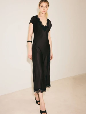 Satynowa sukienka z koronką brązowy - Kobieta - - MANGO